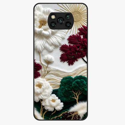 Radiant Bloom Elegance Glass Case showing flat back view with elegant blooming flower artwork and glossy glass finish.