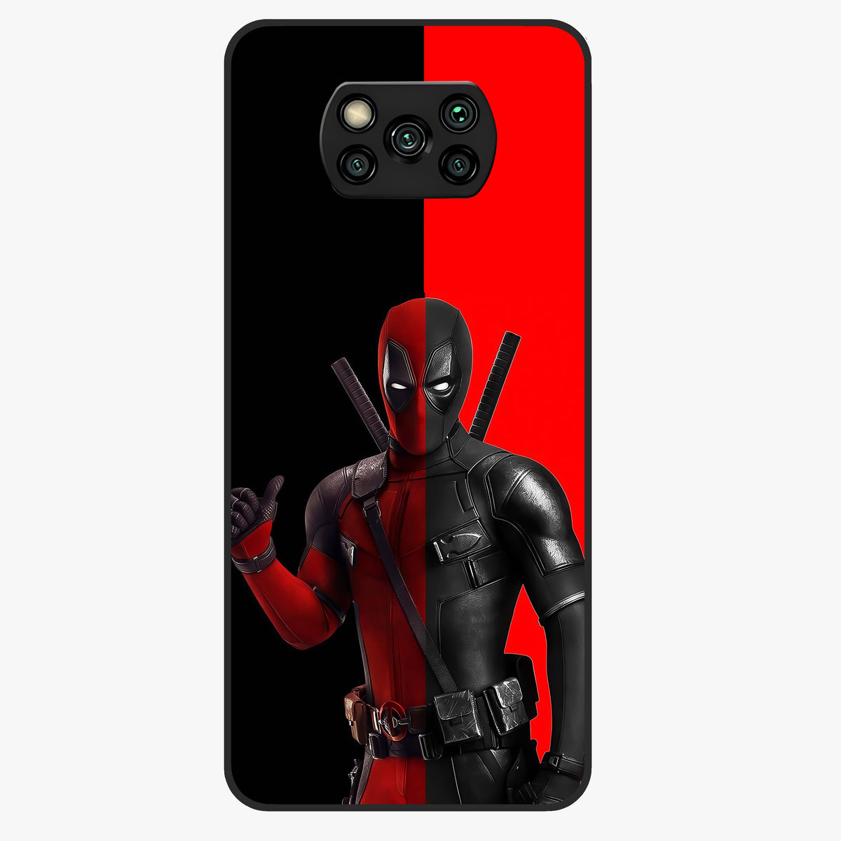 Red & Black Deadpool Theme Glass Case showing flat back view with bold comic inspired artwork and glossy glass finish.
