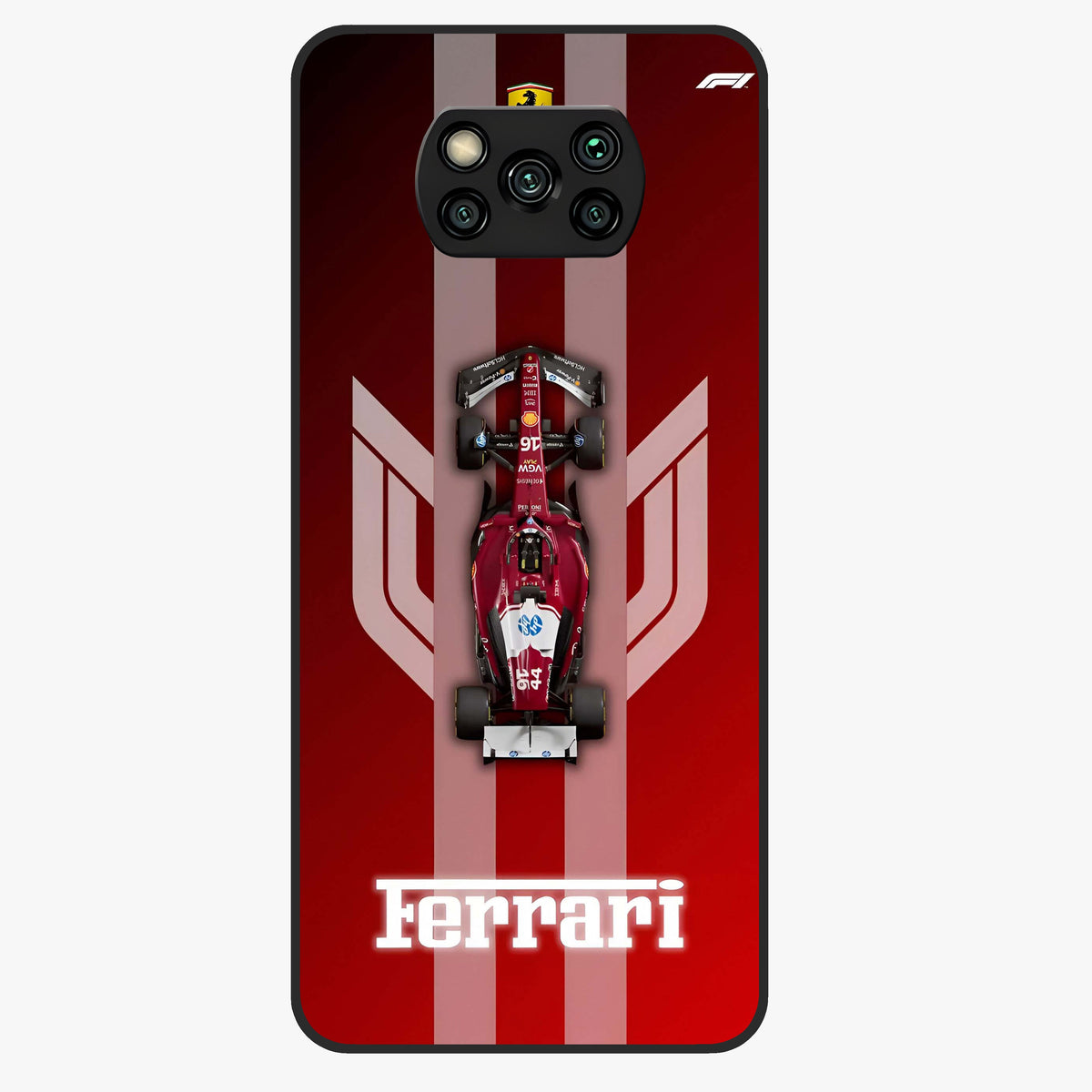 Red Ferrari F1 Vertical Glass Case showing flat back view with sleek Formula racing car artwork and glossy glass finish.