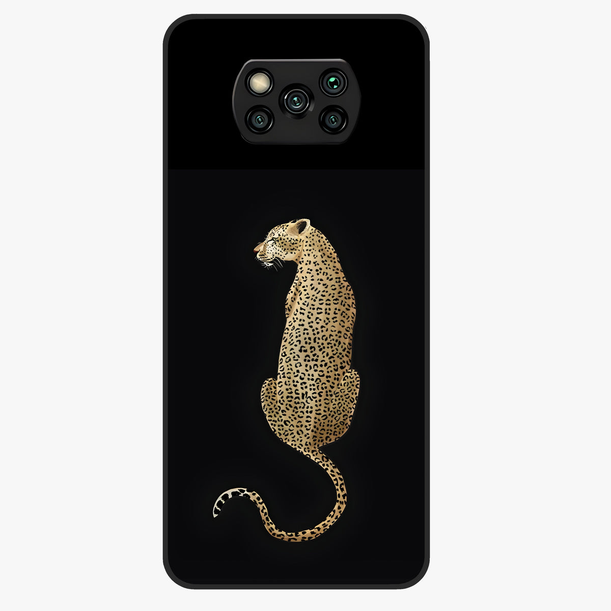 Regal Leopard Glass Case showing flat back view with bold leopard artwork and glossy glass finish.