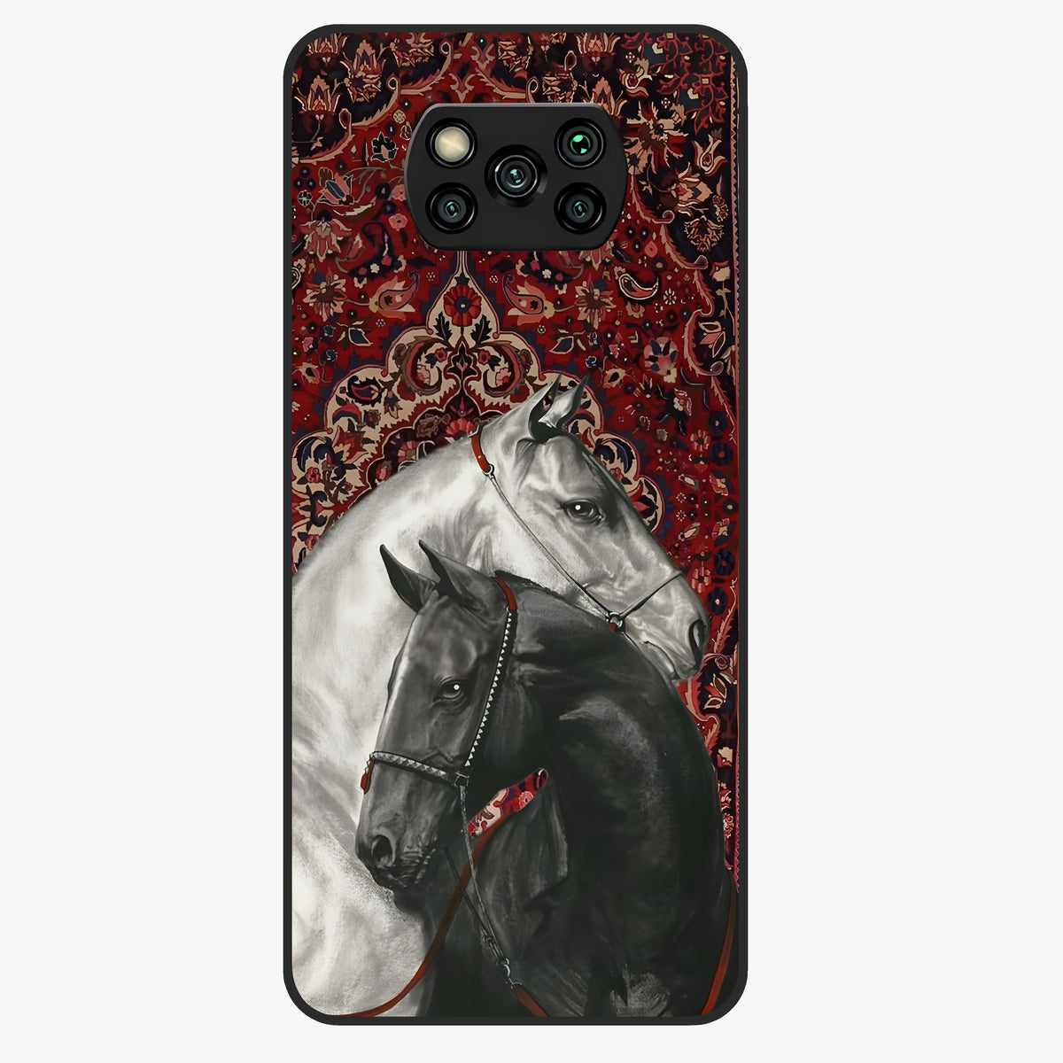 Regal Stallion Tapestry Glass Case showing flat back view with majestic horse tapestry artwork and glossy glass finish.