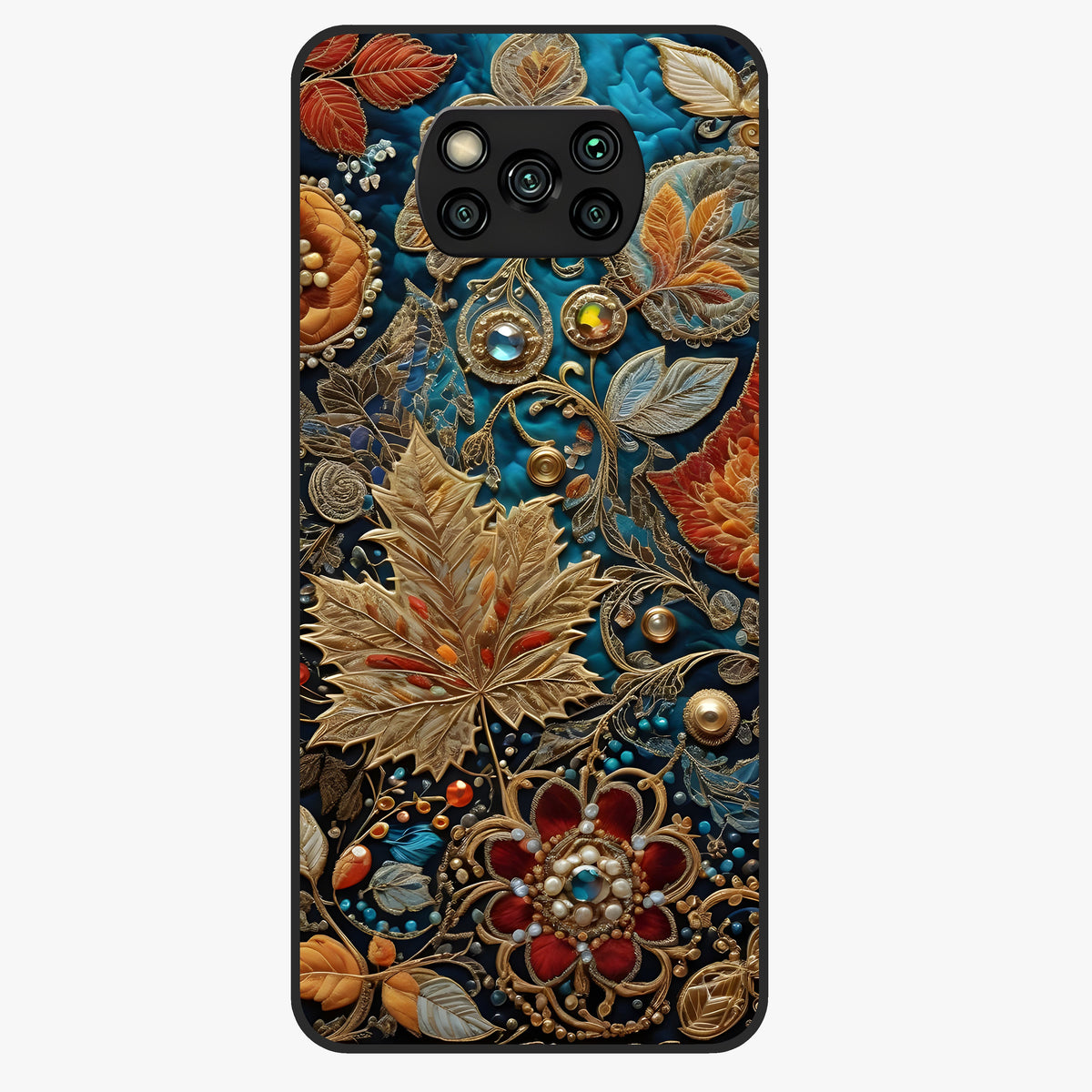 Royal Jewel Garden Glass Case showing flat back view with decorative floral garden artwork and glossy glass finish.