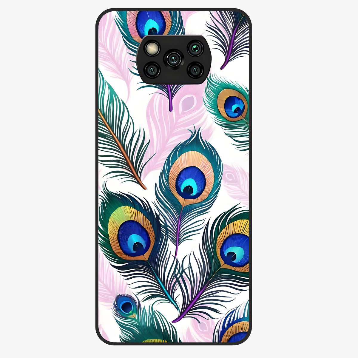 Royal Peacock Feathers Glass Case showing flat back view with colorful peacock feather artwork and glossy glass finish.