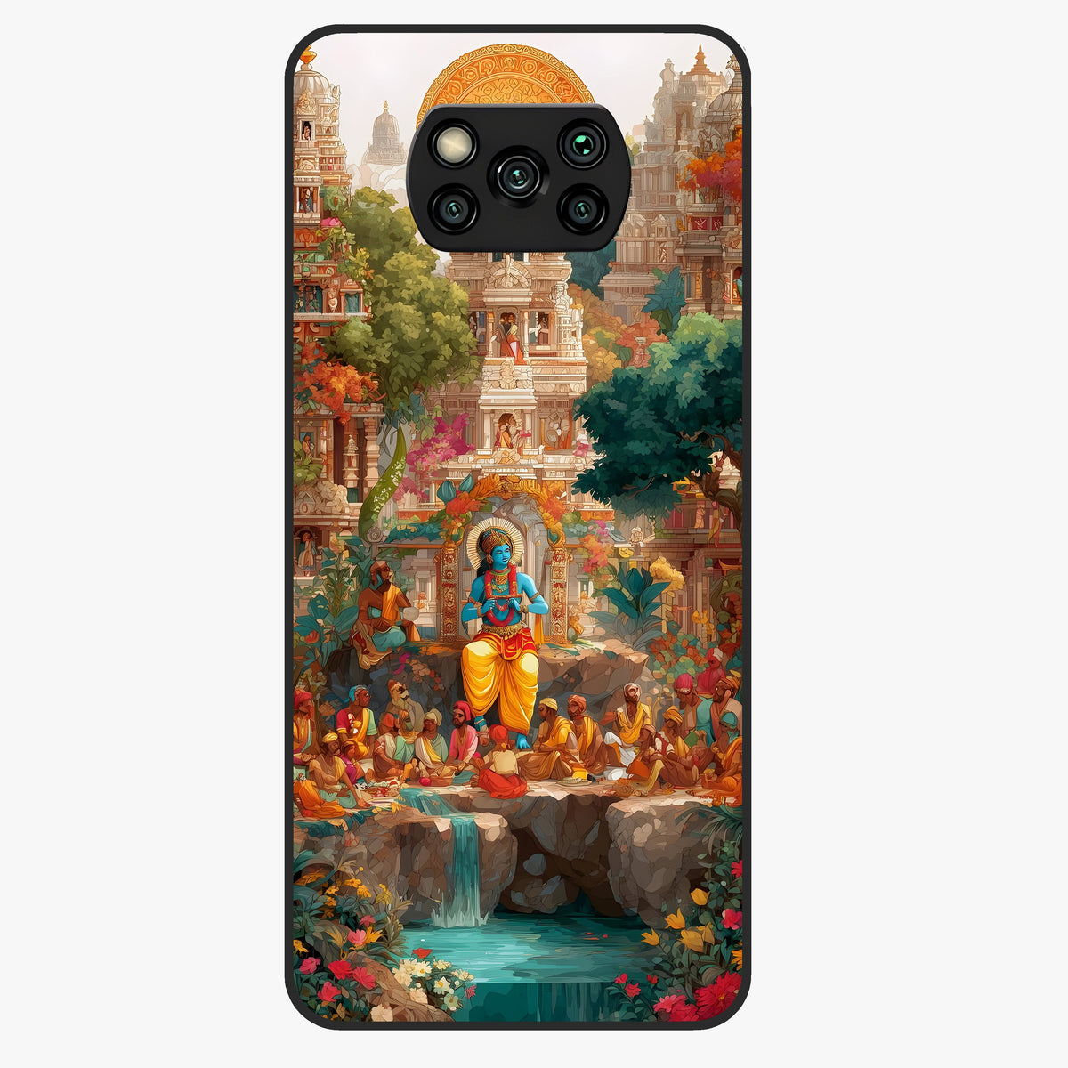 Sacred Sunlight Gods Glass Case showing flat back view with divine sunlight themed artwork and glossy glass finish.