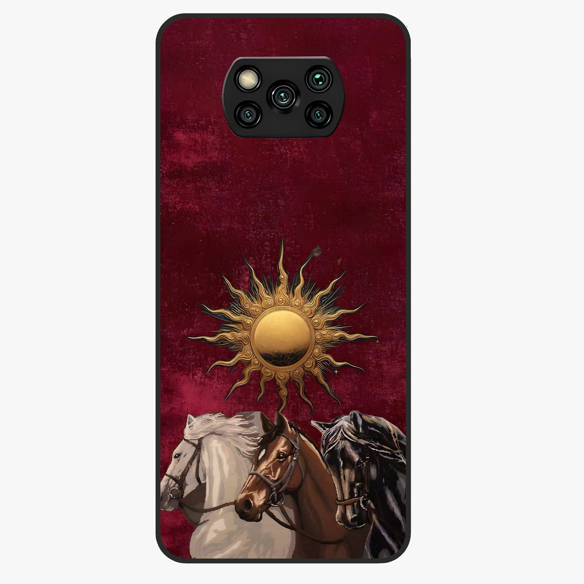 Solar Riders Glass Case showing flat back view with dynamic rider themed artwork and glossy glass finish.