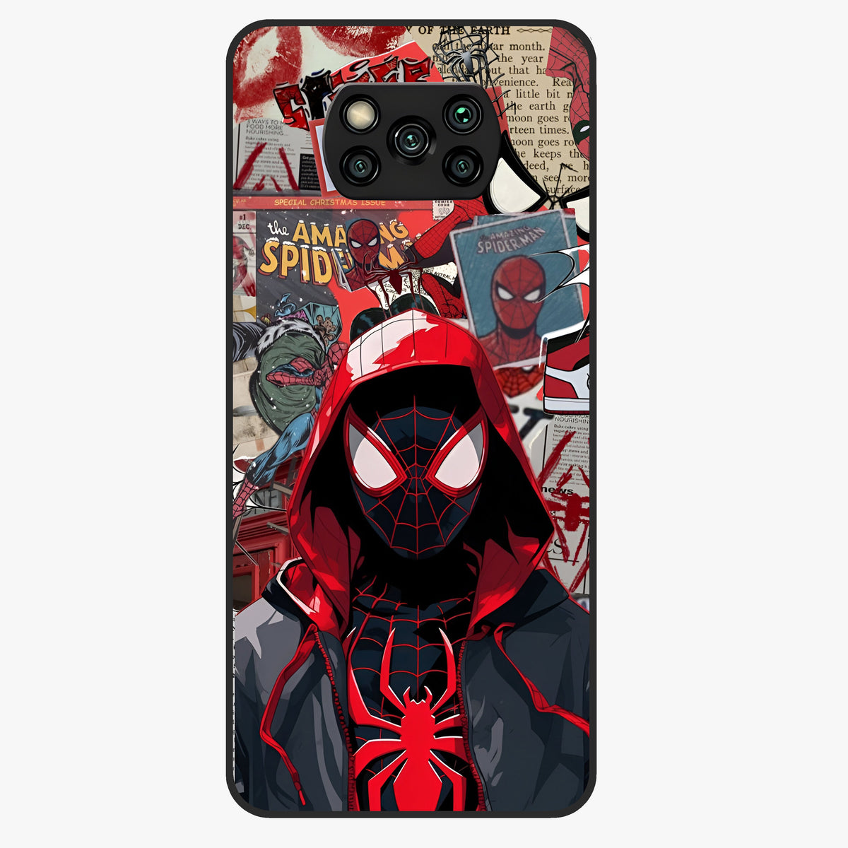 Spider Collage Street Glass Case showing flat back view with vibrant superhero collage artwork and glossy glass finish.