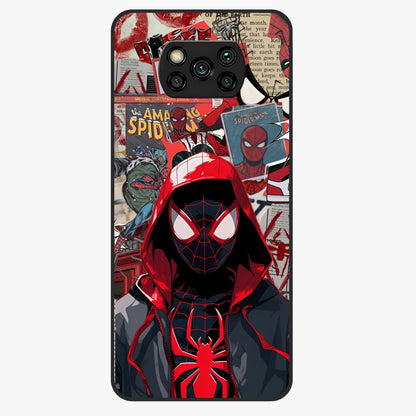 Spider Collage Street Glass Case showing flat back view with vibrant superhero collage artwork and glossy glass finish.
