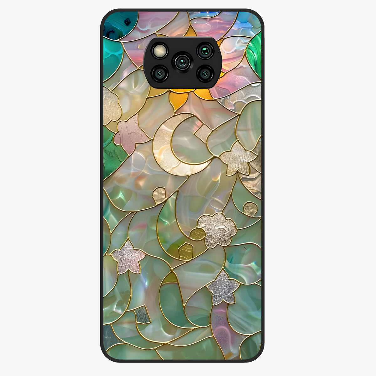 Stained Sunrise Glow Glass Case showing flat back view with glowing sunrise stained pattern artwork and glossy glass finish.