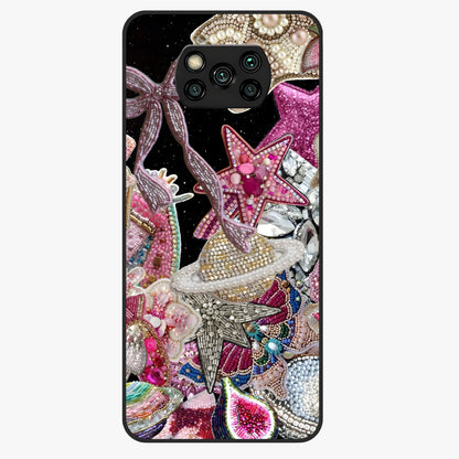 Starlit Jewel Dream Glass Case showing flat back view with sparkling jewel and star themed artwork and glossy glass finish.