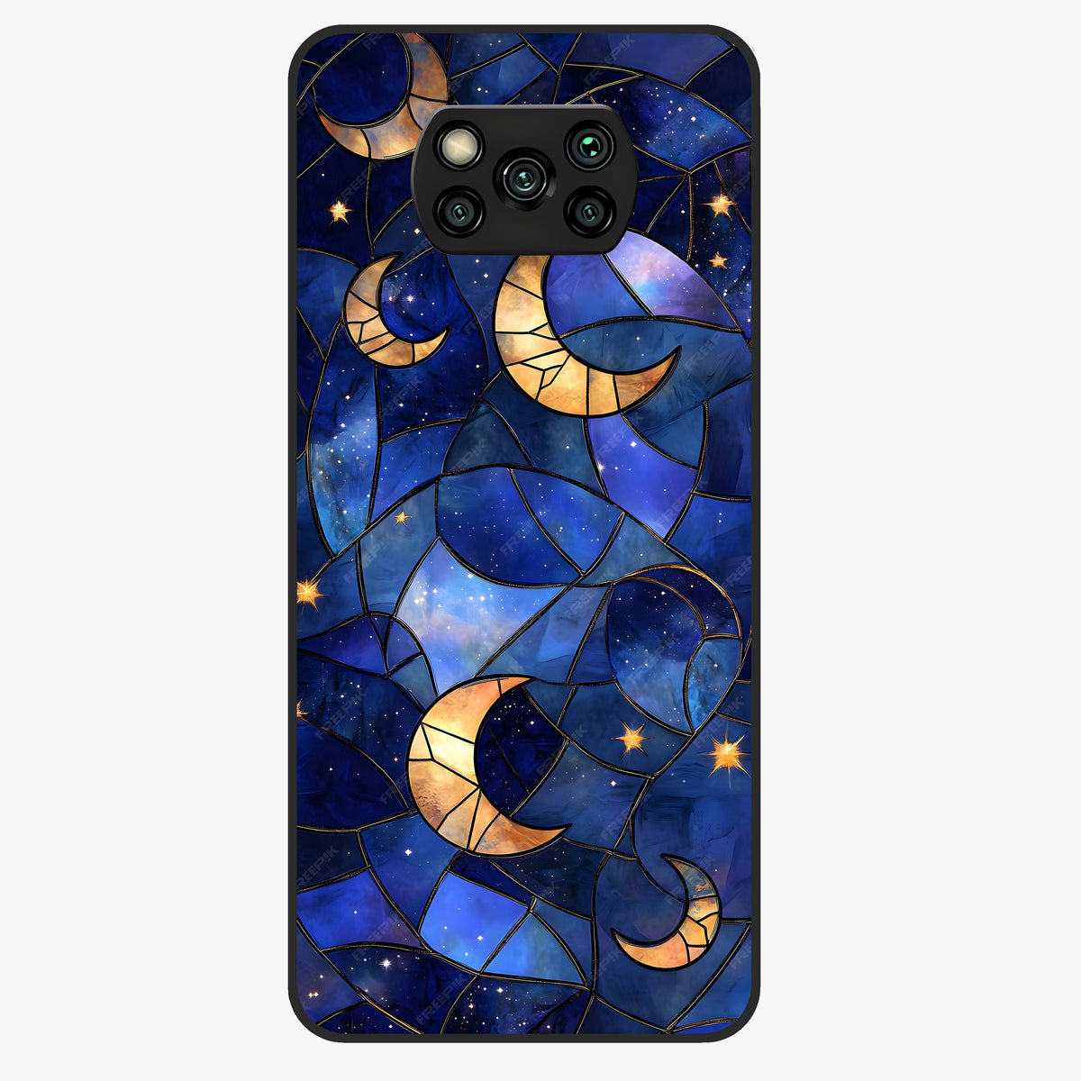 Starlit Sky Tapestry Glass Case showing flat back view with decorative starry sky tapestry artwork and glossy glass finish.