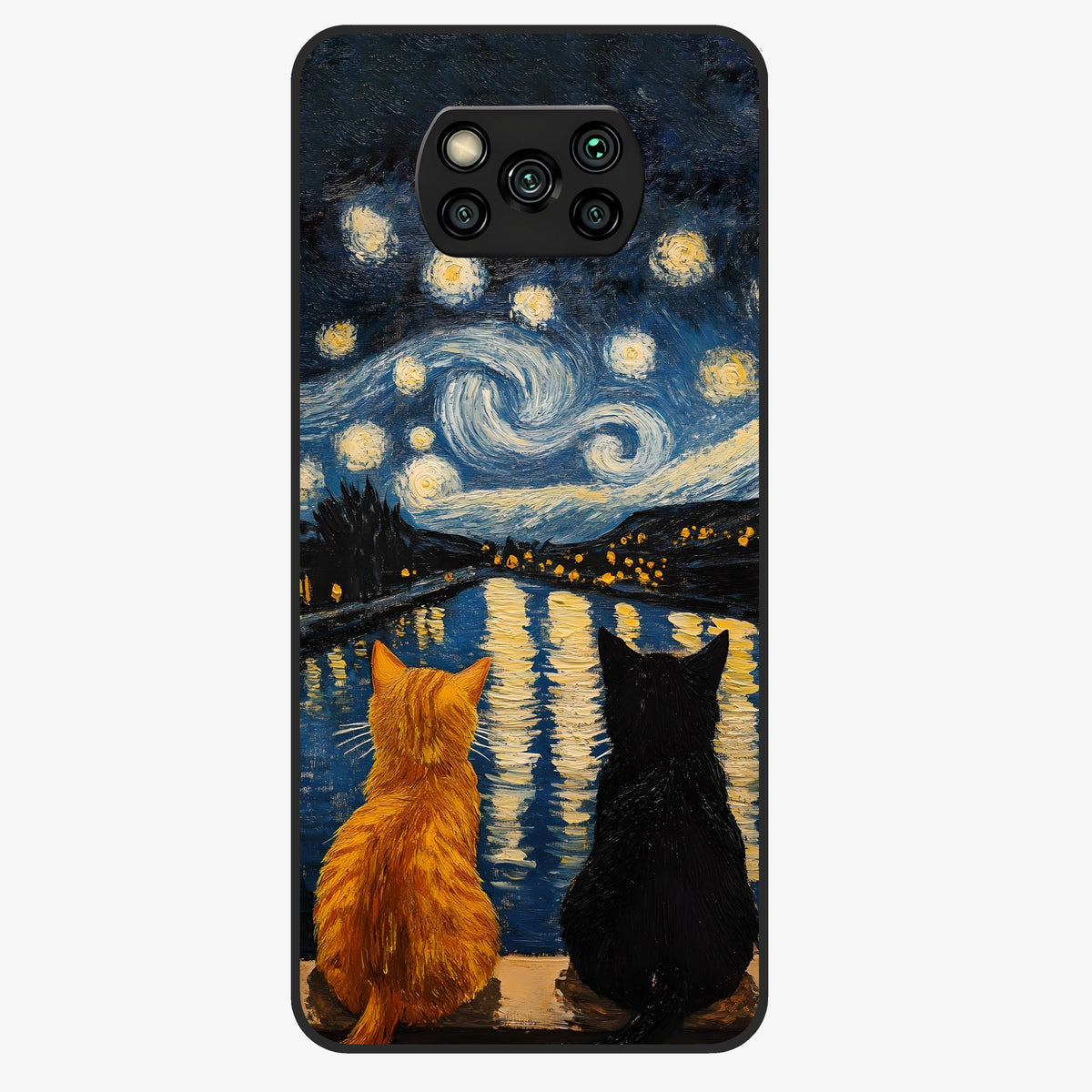 Starry River Cats Glass Case showing flat back view with cats by a starry river artwork and glossy glass finish.