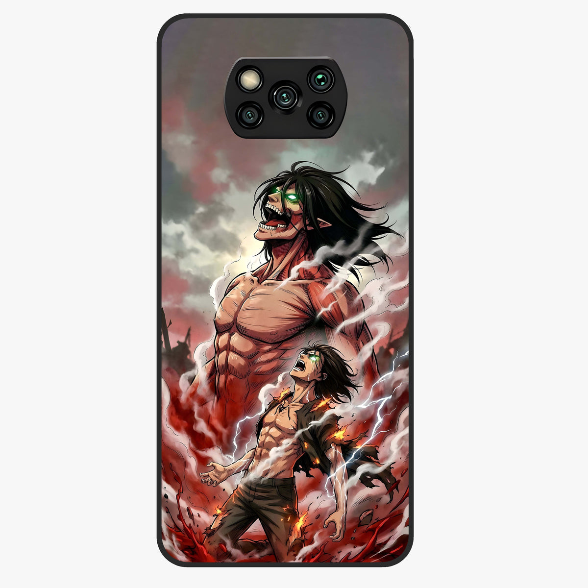 Titan Awakening Fury Glass Case showing flat back view with powerful titan inspired artwork and glossy glass finish.