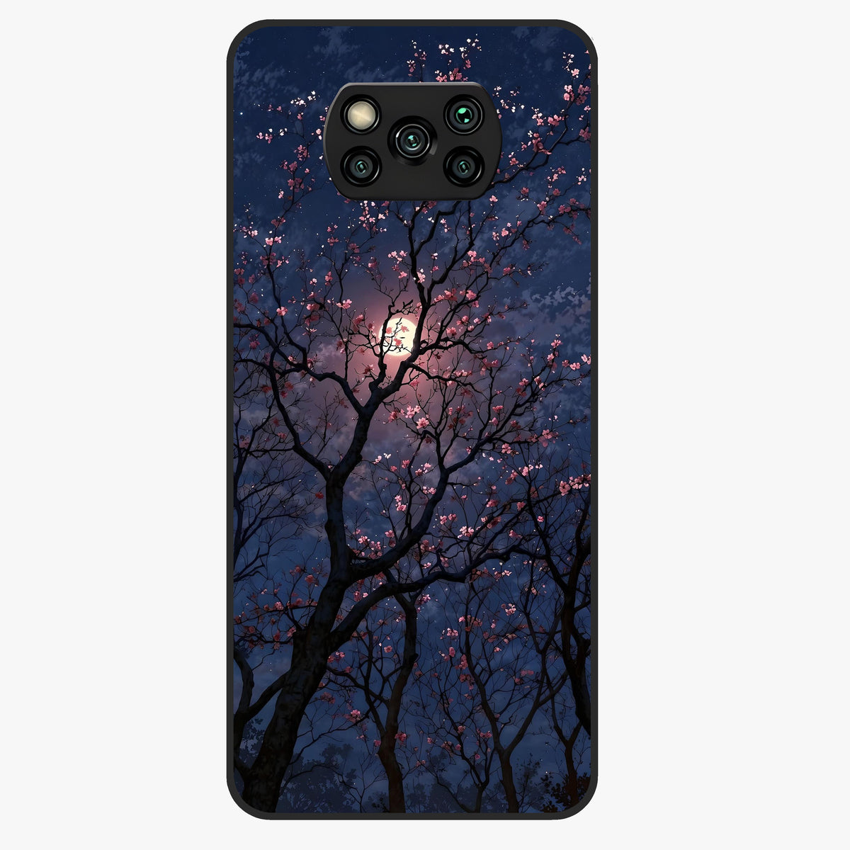 Twilight Sakura Serenade Glass Case showing flat back view with cherry blossom artwork at twilight and glossy glass finish.