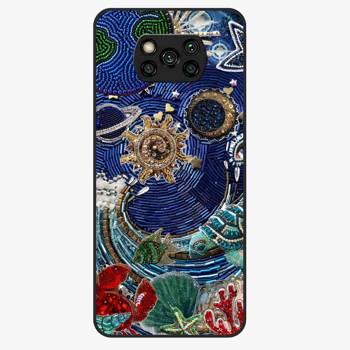 Universe Underwater Spark Glass Case showing flat back view with cosmic underwater themed artwork and glossy glass finish.