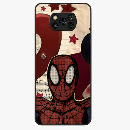 Web Warrior Vibes Glass Case showing flat back view with superhero inspired web themed artwork and glossy glass finish.