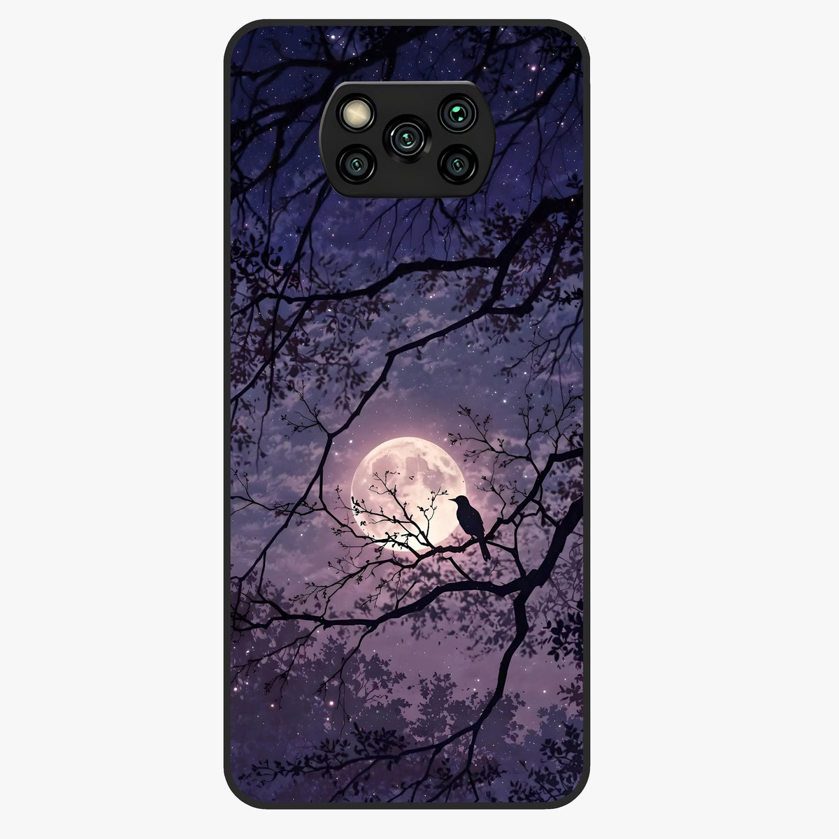 Whispering Moon Silence Glass Case showing flat back view with serene moon themed artwork and glossy glass finish.