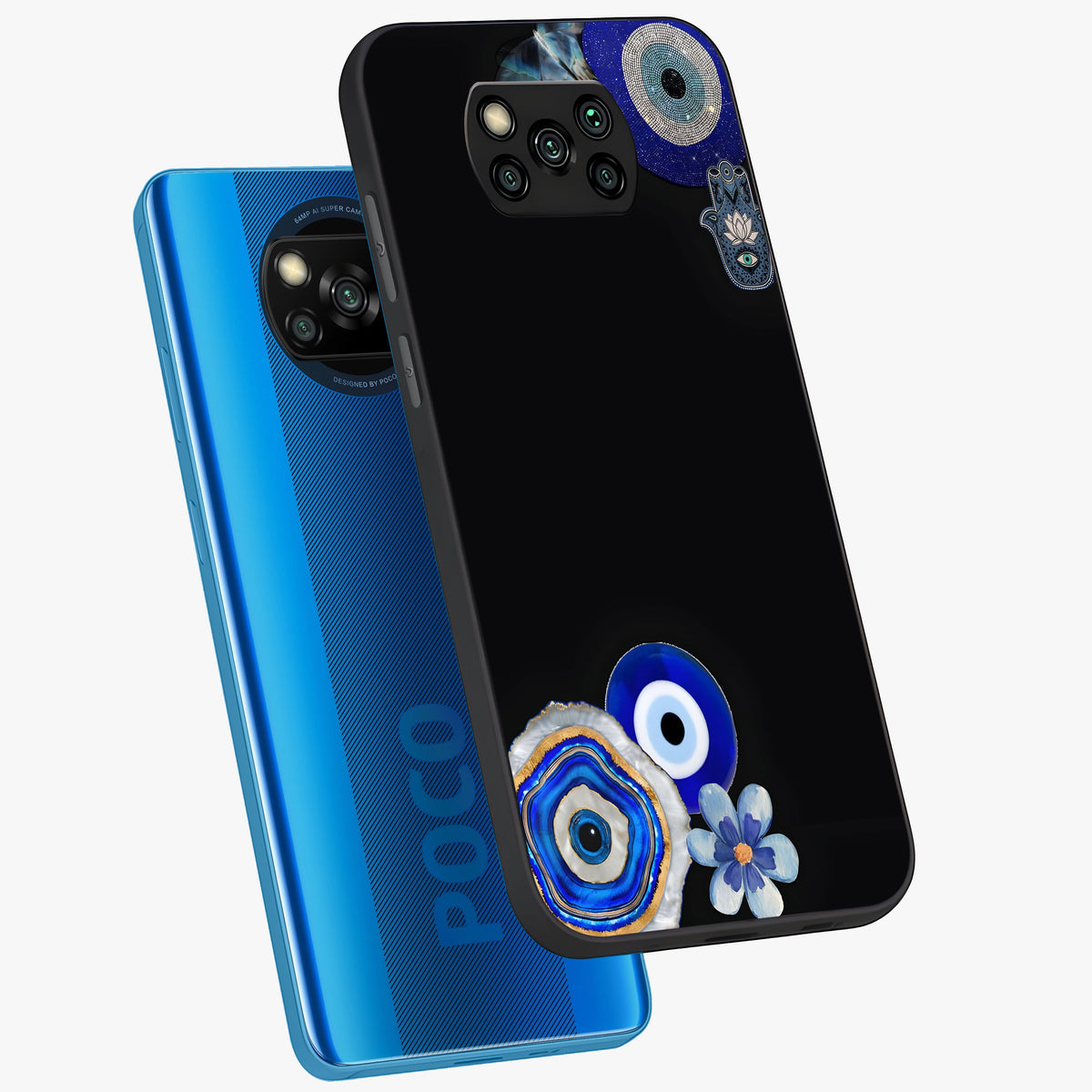 Aesthetic Blue Evil Eye Glass Case displayed in angled mockup highlighting blue evil eye symbol and spiritual aesthetic design.