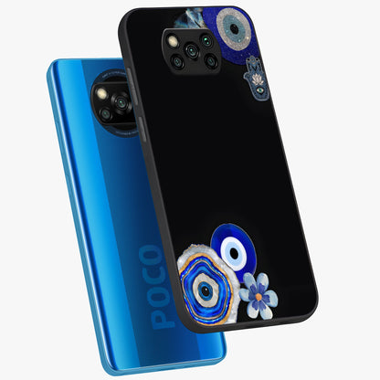 Aesthetic Blue Evil Eye Glass Case displayed in angled mockup highlighting blue evil eye symbol and spiritual aesthetic design.