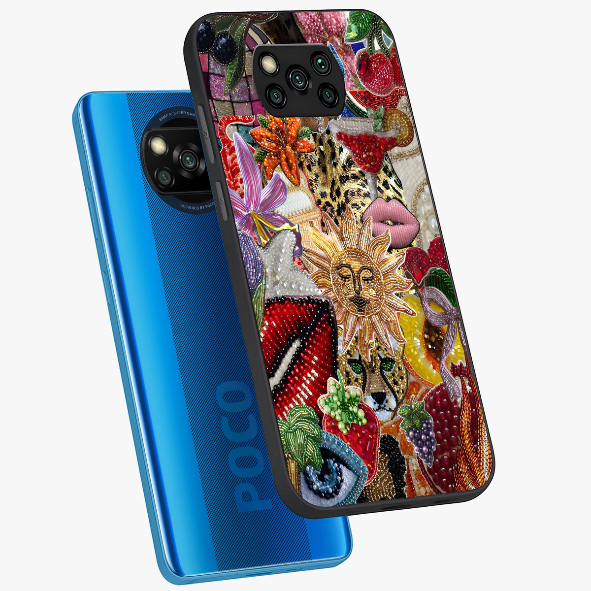 Beaded Fashion Jungle Glass Case displayed in angled mockup highlighting colorful fashion bead design and artistic pattern.