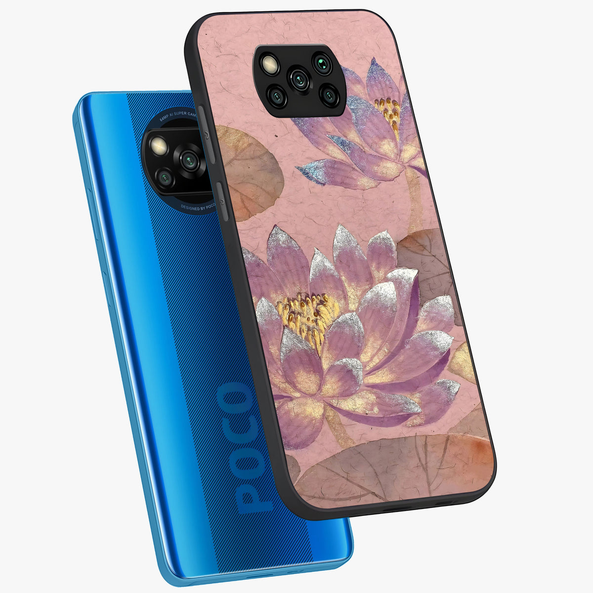 Blossom Mist Lotus Glass Case displayed in angled mockup highlighting delicate lotus illustration with calm aesthetic theme.