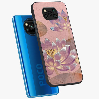 Blossom Mist Lotus Glass Case displayed in angled mockup highlighting delicate lotus illustration with calm aesthetic theme.