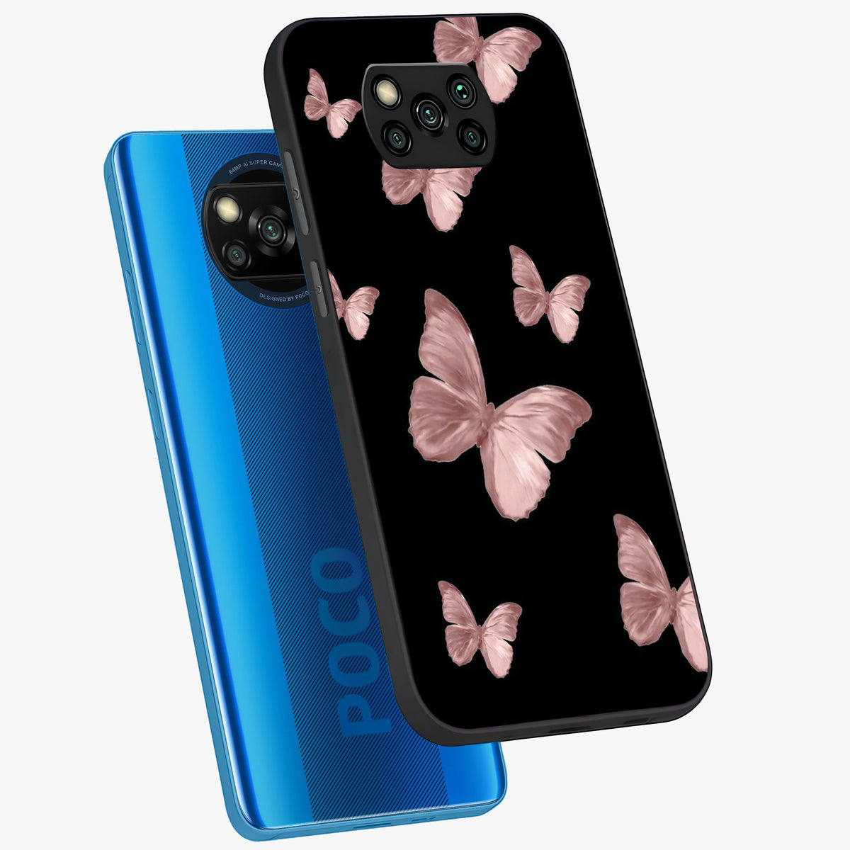 Butterfly Pattern Glass Case displayed in angled mockup highlighting delicate butterfly design and aesthetic pattern style.