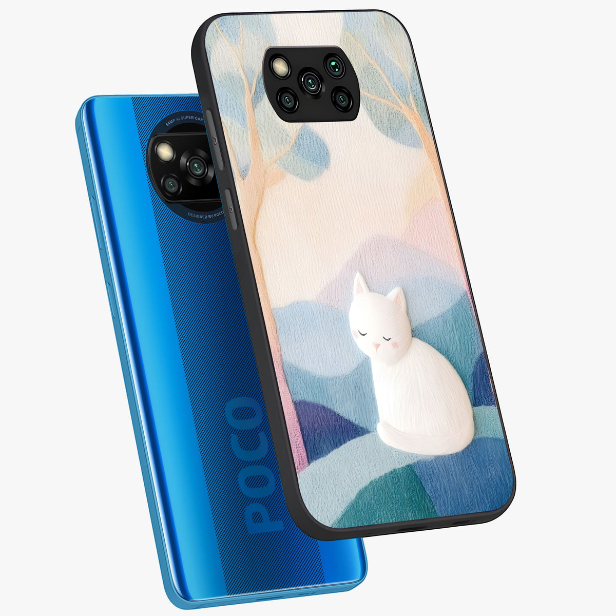 Cotton Dream Cat Glass Case displayed in angled mockup highlighting cute feline illustration with pastel aesthetic style.