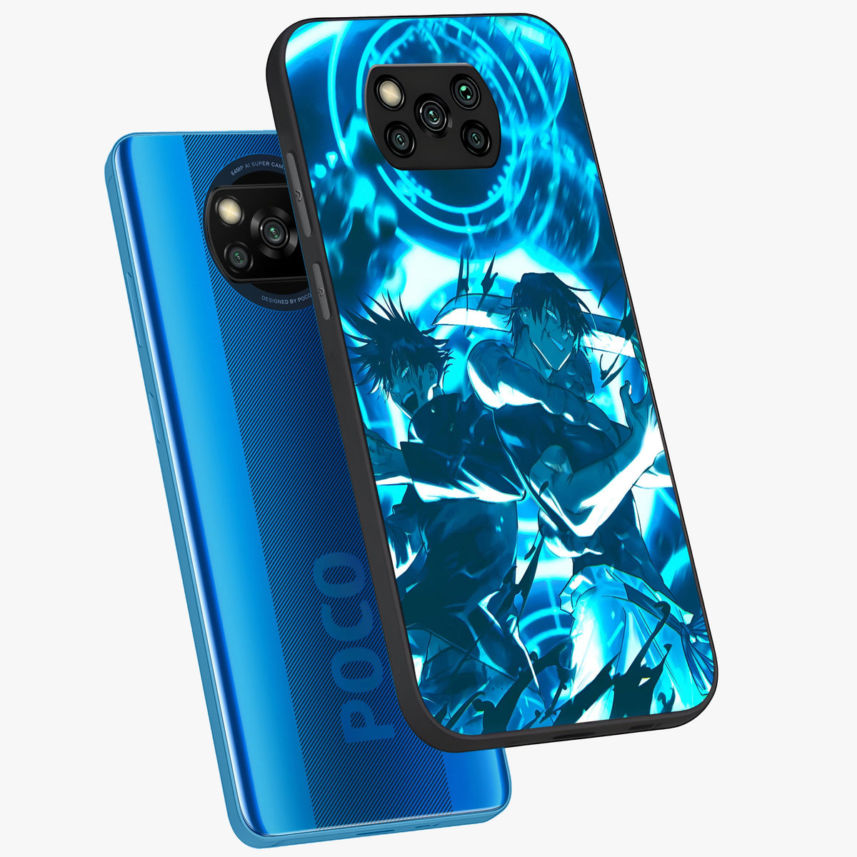 Cursed Energy Clash Glass Case displayed in angled mockup highlighting powerful battle inspired graphic with anime style aesthetic.