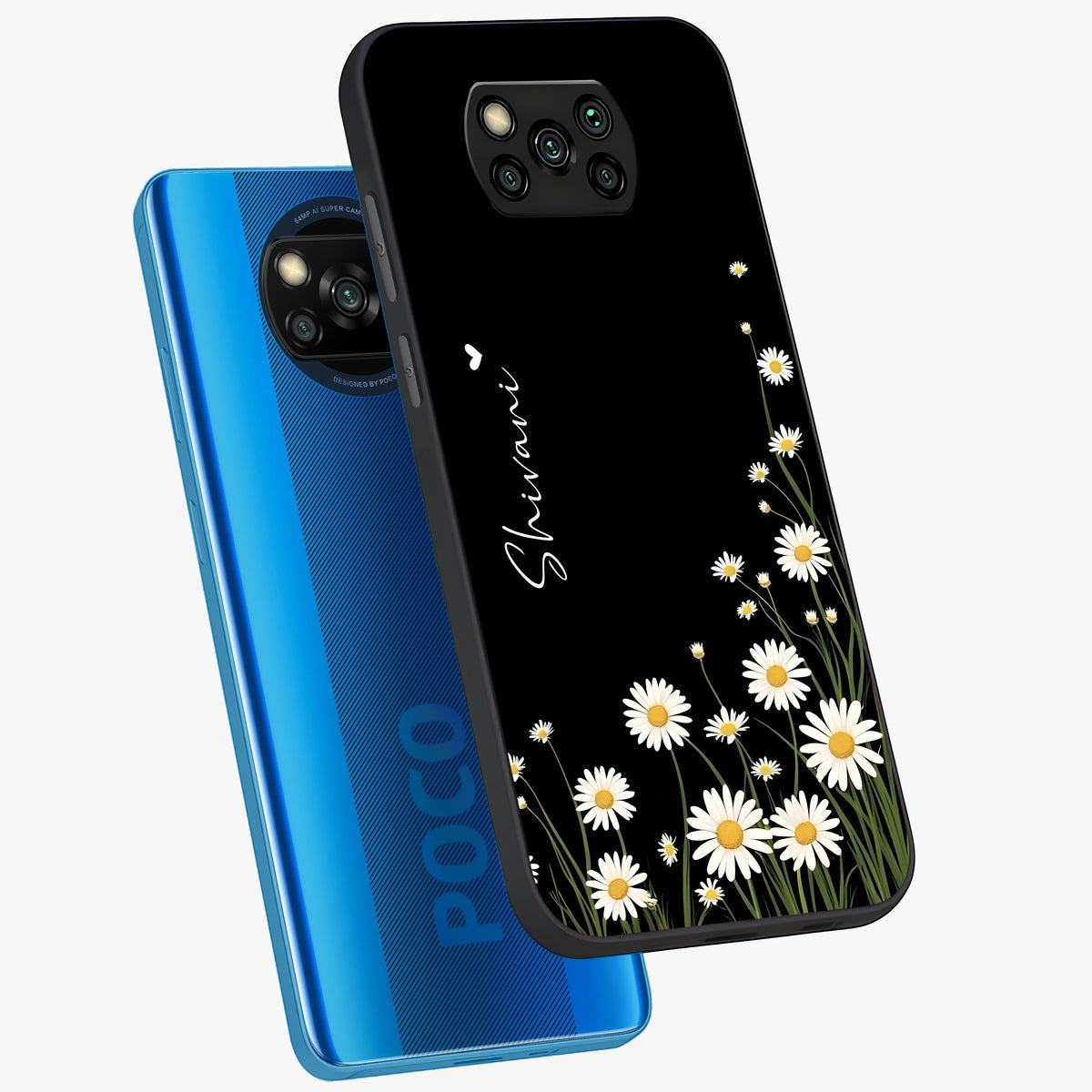 Daisy Cascade Custom Name Glass Case displayed in angled mockup highlighting delicate daisy artwork with custom name feature.