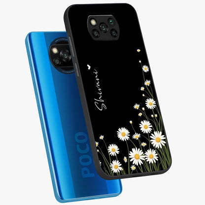 Daisy Cascade Custom Name Glass Case displayed in angled mockup highlighting delicate daisy artwork with custom name feature.