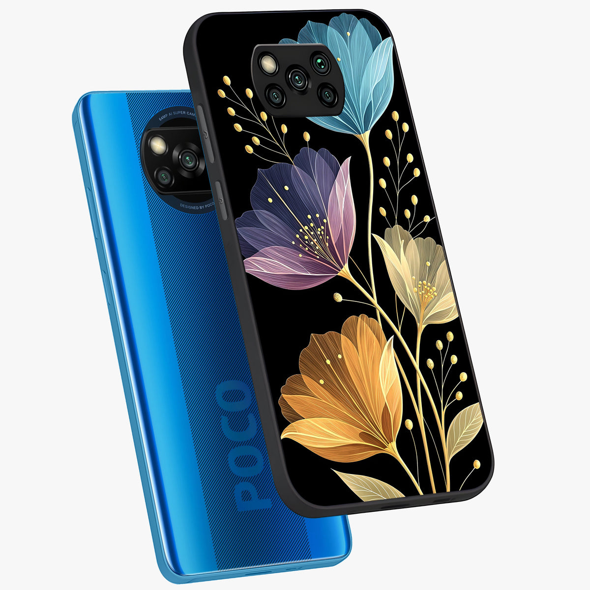 Delicate Multicolor Flowers Glass Case displayed in angled mockup highlighting colorful flower pattern with soft aesthetic style.