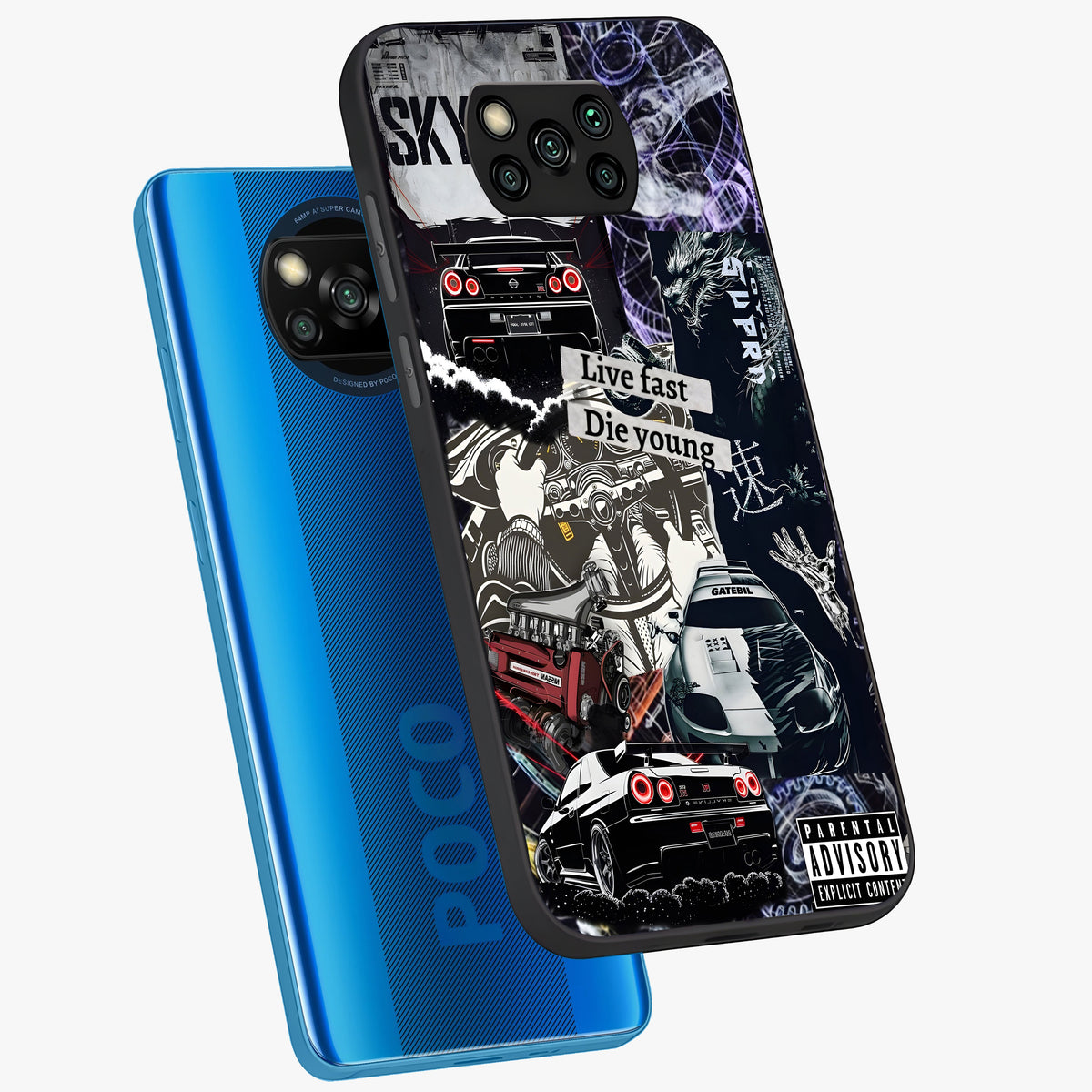 Die Young Glass Case displayed in angled mockup highlighting expressive graphic artwork with edgy aesthetic style.