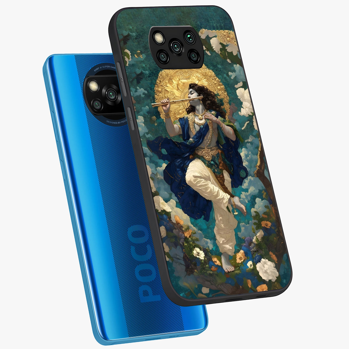Divine Krishna Art Glass Case displayed in angled mockup highlighting spiritual Krishna illustration with devotional aesthetic.