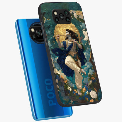 Divine Krishna Art Glass Case displayed in angled mockup highlighting spiritual Krishna illustration with devotional aesthetic.