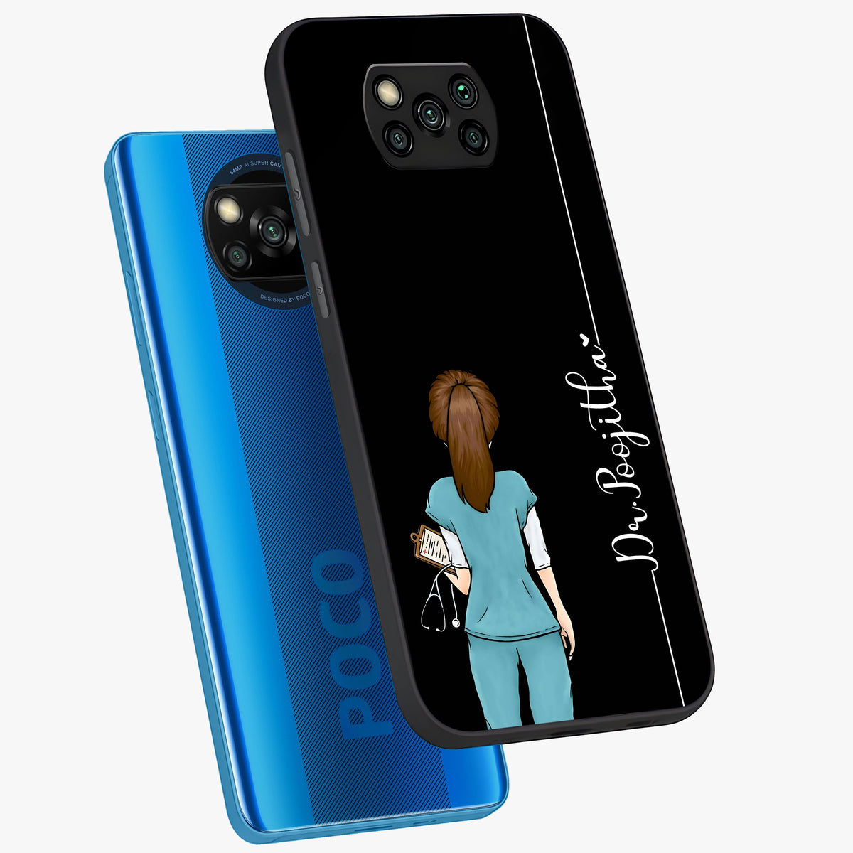 Doctor Pattern Custom Name Glass Case displayed in angled mockup highlighting doctor inspired artwork with custom name feature.