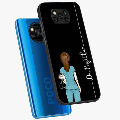 Doctor Pattern Custom Name Glass Case displayed in angled mockup highlighting doctor inspired artwork with custom name feature.