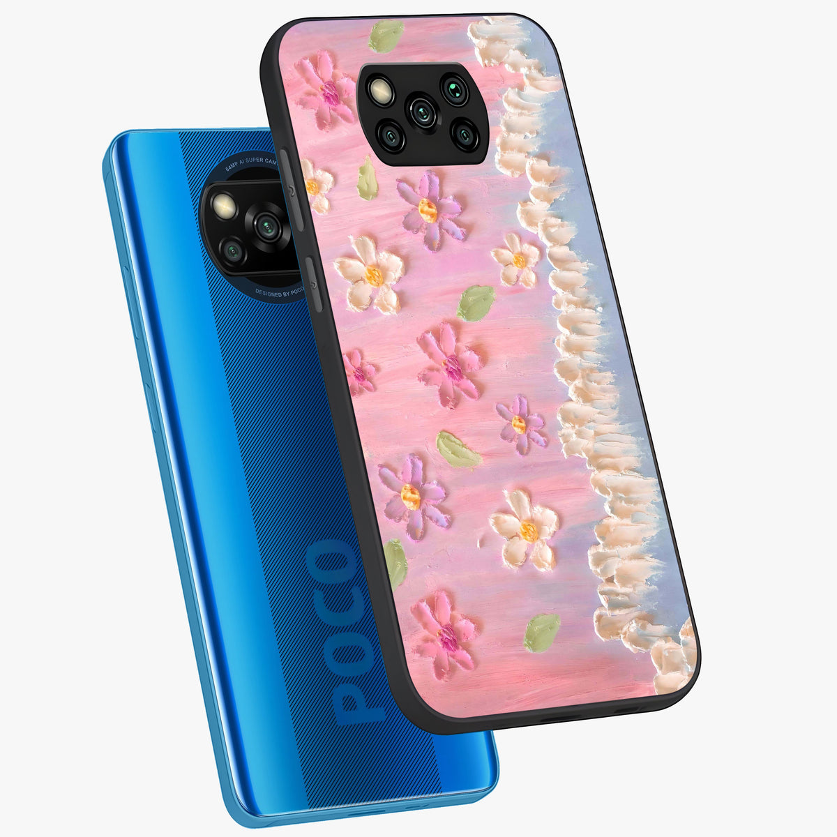 Dreamy Painted Garden Glass Case displayed in angled mockup highlighting colorful garden illustration with dreamy aesthetic style.