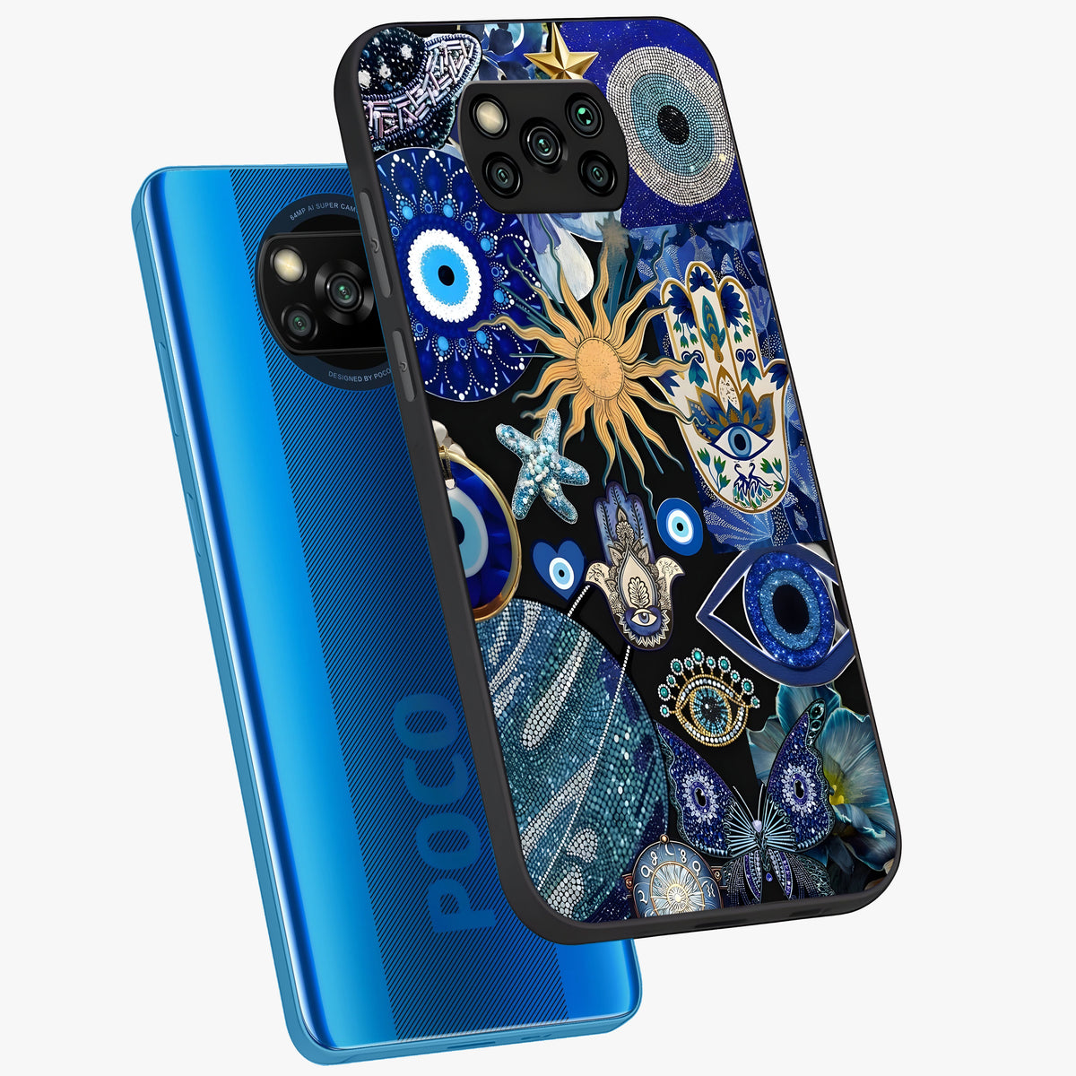 Evil Eye Charm Mix Glass Case displayed in angled mockup highlighting protective evil eye symbols with spiritual aesthetic design.