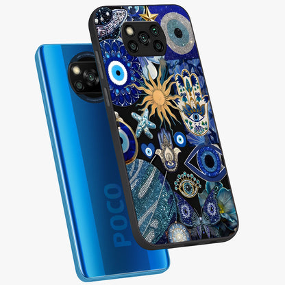 Evil Eye Charm Mix Glass Case displayed in angled mockup highlighting protective evil eye symbols with spiritual aesthetic design.