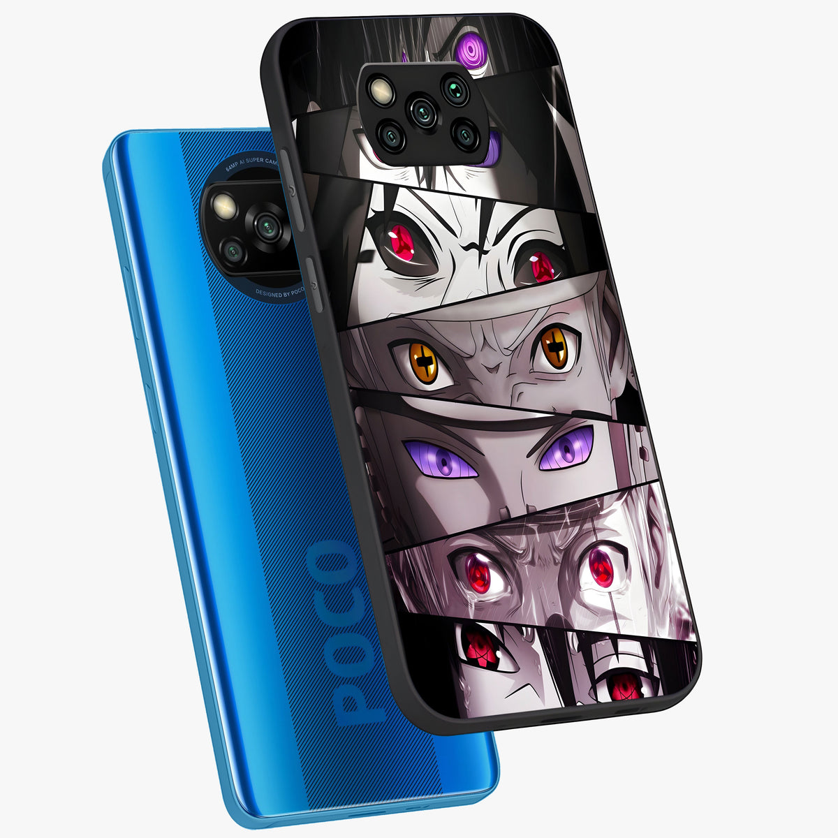 Eyes of Destiny Glass Case displayed in angled mockup highlighting bold eye illustration with mystical aesthetic style.