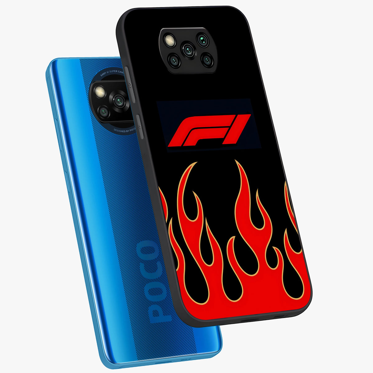 Fire F11 Glass Case displayed in angled mockup highlighting bold fire inspired graphic with energetic aesthetic style.