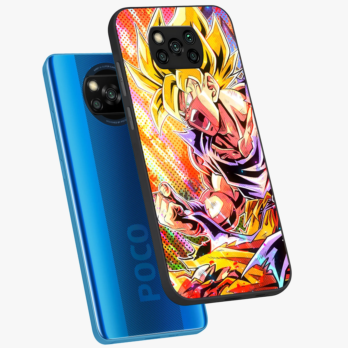 Firing Goku Glass Case displayed in angled mockup highlighting dynamic anime character design with action aesthetic.