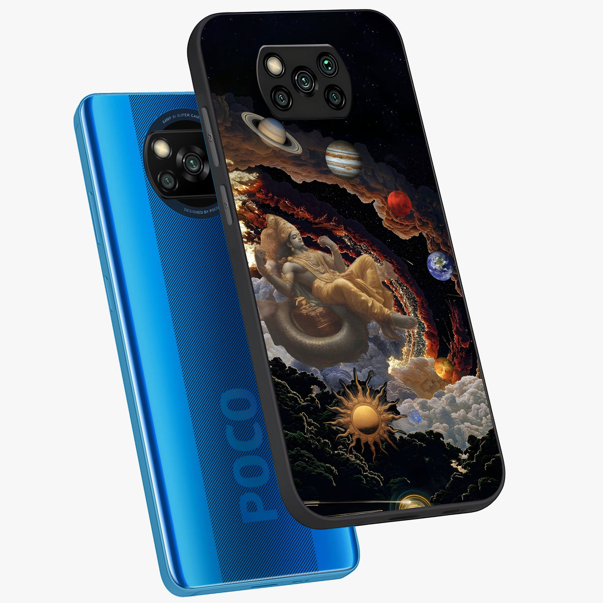 Galactic Divine God Glass Case displayed in angled mockup highlighting powerful celestial deity illustration with galactic aesthetic.