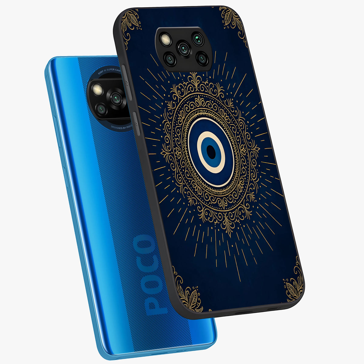 Golden Celestial Charm Glass Case displayed in angled mockup highlighting sparkling cosmic charm design with celestial aesthetic.