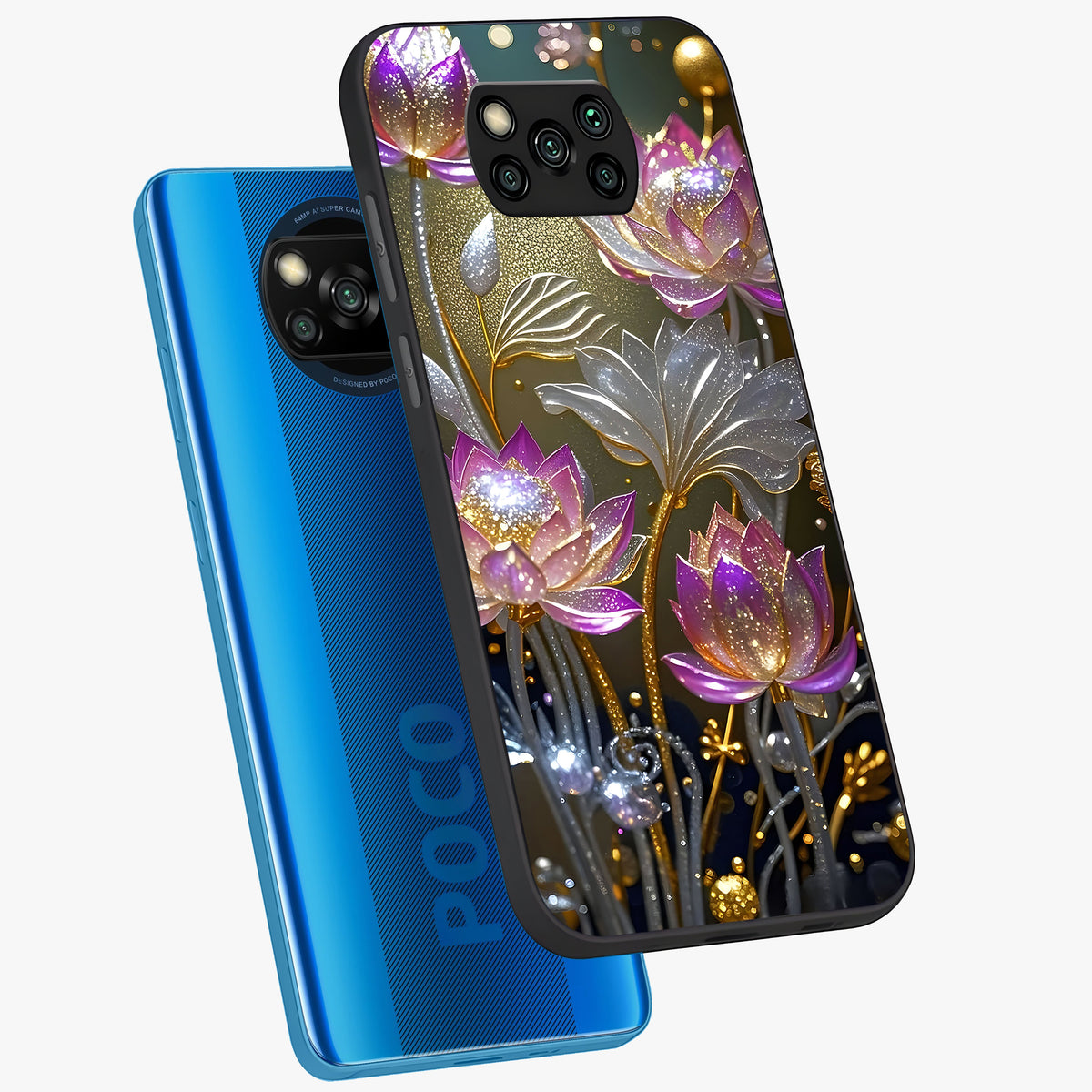 Golden Floral Majesty Glass Case displayed in angled mockup highlighting elegant flower design with royal golden aesthetic.