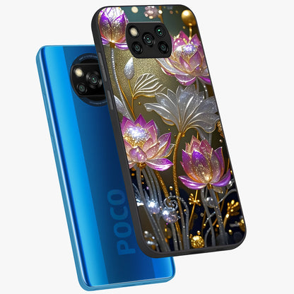 Golden Floral Majesty Glass Case displayed in angled mockup highlighting elegant flower design with royal golden aesthetic.