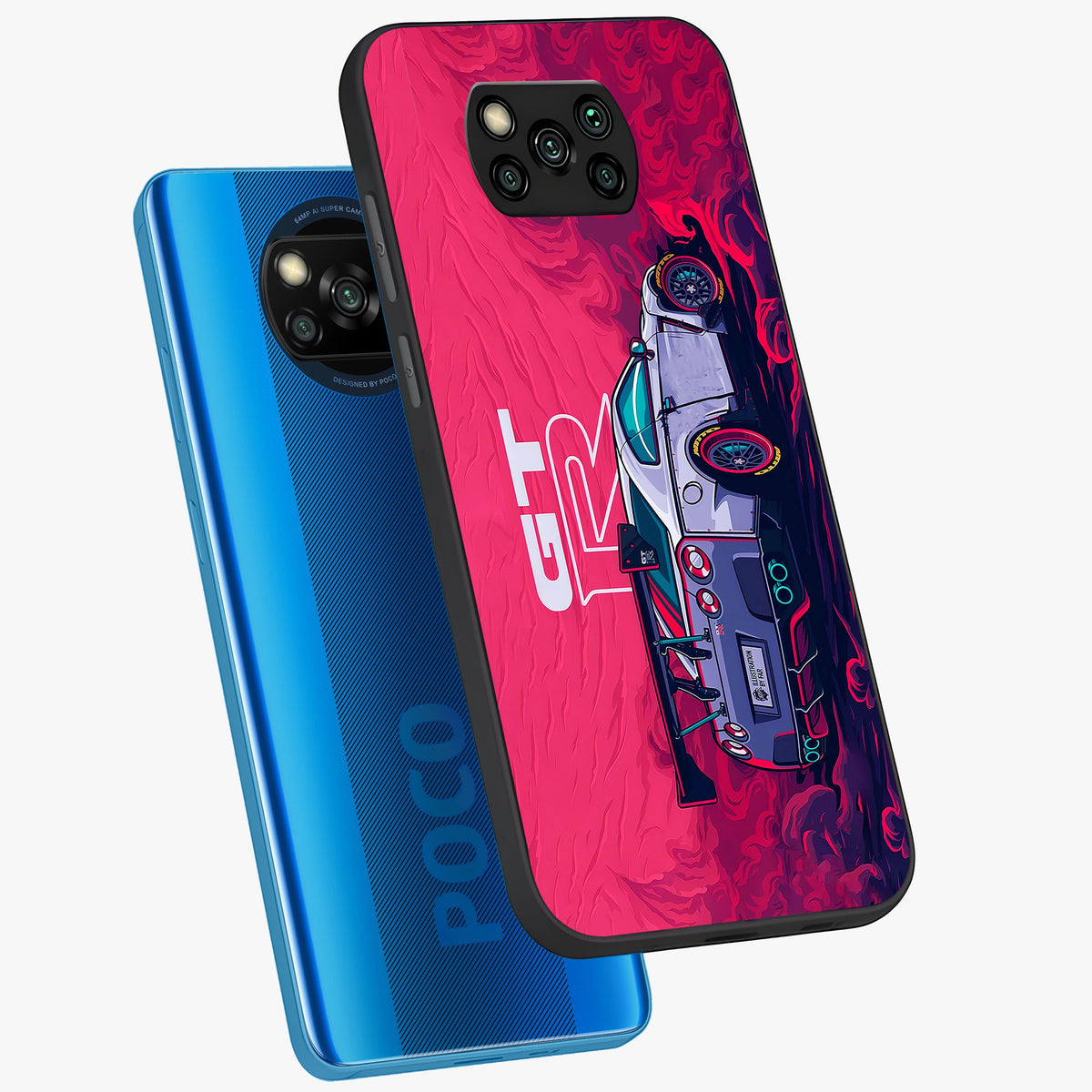GT-R Car Pattern Glass Case displayed in angled mockup highlighting racing car graphic design with bold automotive aesthetic.