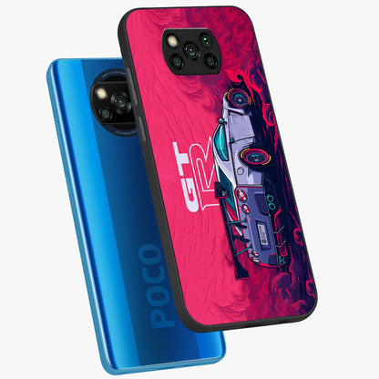 GT-R Car Pattern Glass Case displayed in angled mockup highlighting racing car graphic design with bold automotive aesthetic.