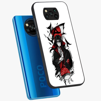 Itachi Limited Edition Naruto Anime Glass Case displayed in angled mockup highlighting dramatic anime illustration with bold action aesthetic.