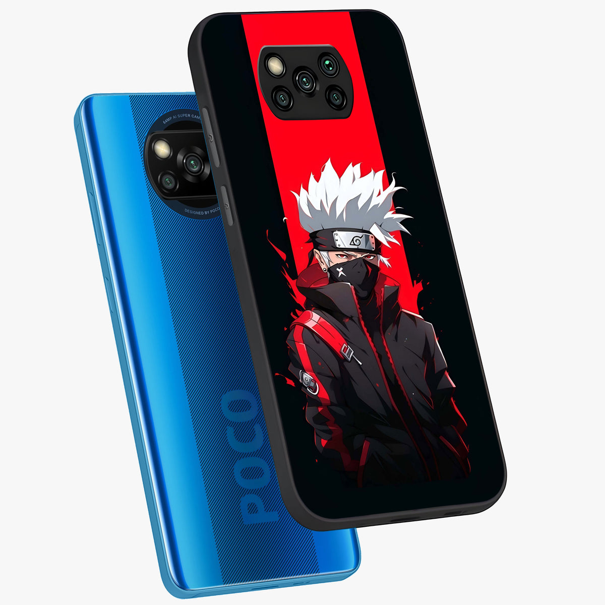 Kakashi Scarlet Shadow Glass Case displayed in angled mockup highlighting dramatic ninja illustration with scarlet themed aesthetic.